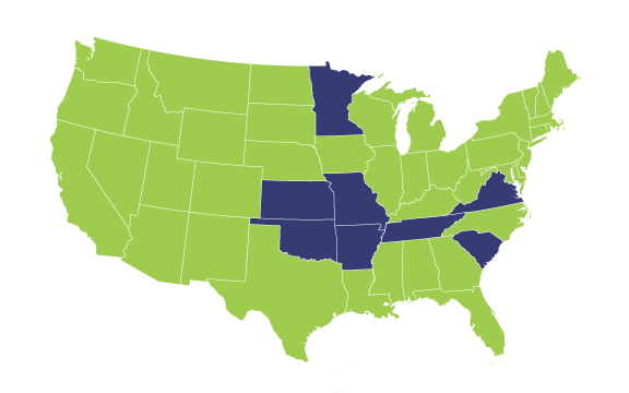 A map of the USA with states highlighted where there are Penmac locations: Missouri, Arkansas, Oklahoma, Kansas, Tennessee, Virginia, South Carolina, and Minnesota