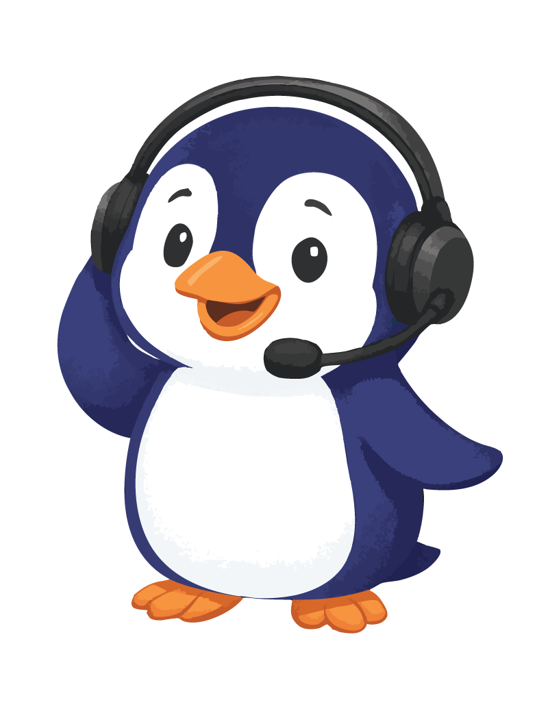 A cartoon of a friendly, cute penguin that is wearing a headset with a microphone