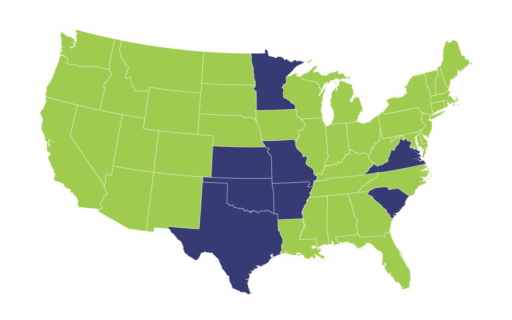A map of the USA with states highlighted where there are Penmac locations: Missouri, Arkansas, Oklahoma, Kansas, Tennessee, Virginia, South Carolina, and Minnesota