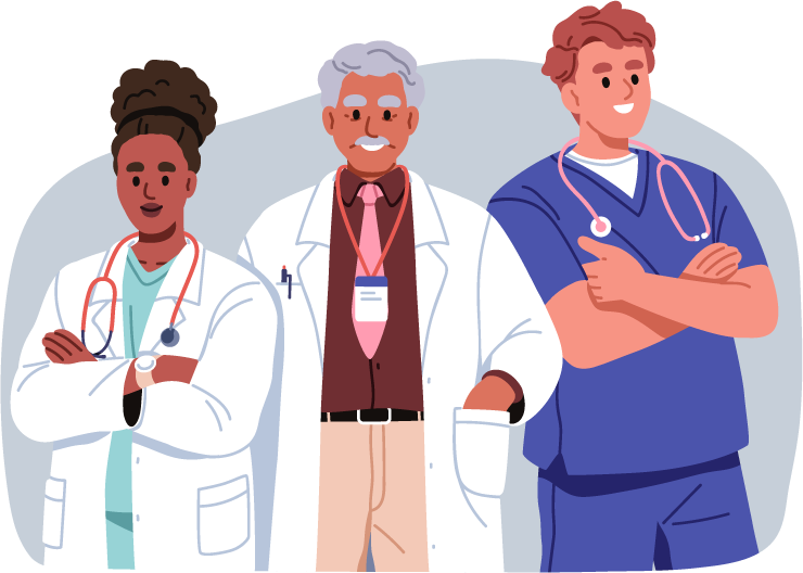 An illustration of a casually dressed call center agent. Subtle medical symbols float in the background
