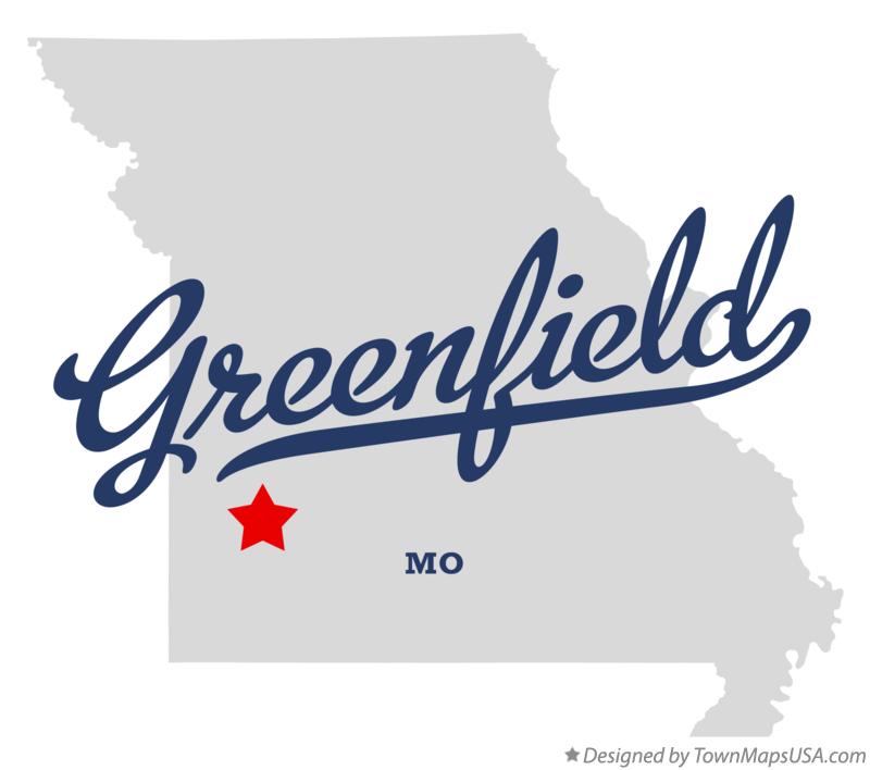 Map of Missouri with Greenfield marked with a star
